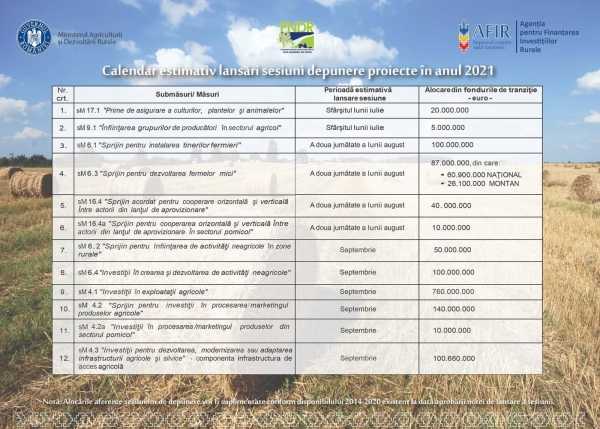 Calendar estimativ lansări sesiuni depunere proiecte în anul 2021!